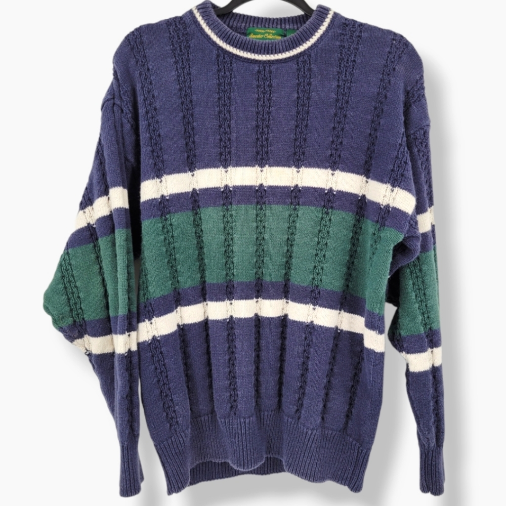 VINTAGE 90s VAN HEUSEN Unisex Striped Rib Knit Sweater Navy